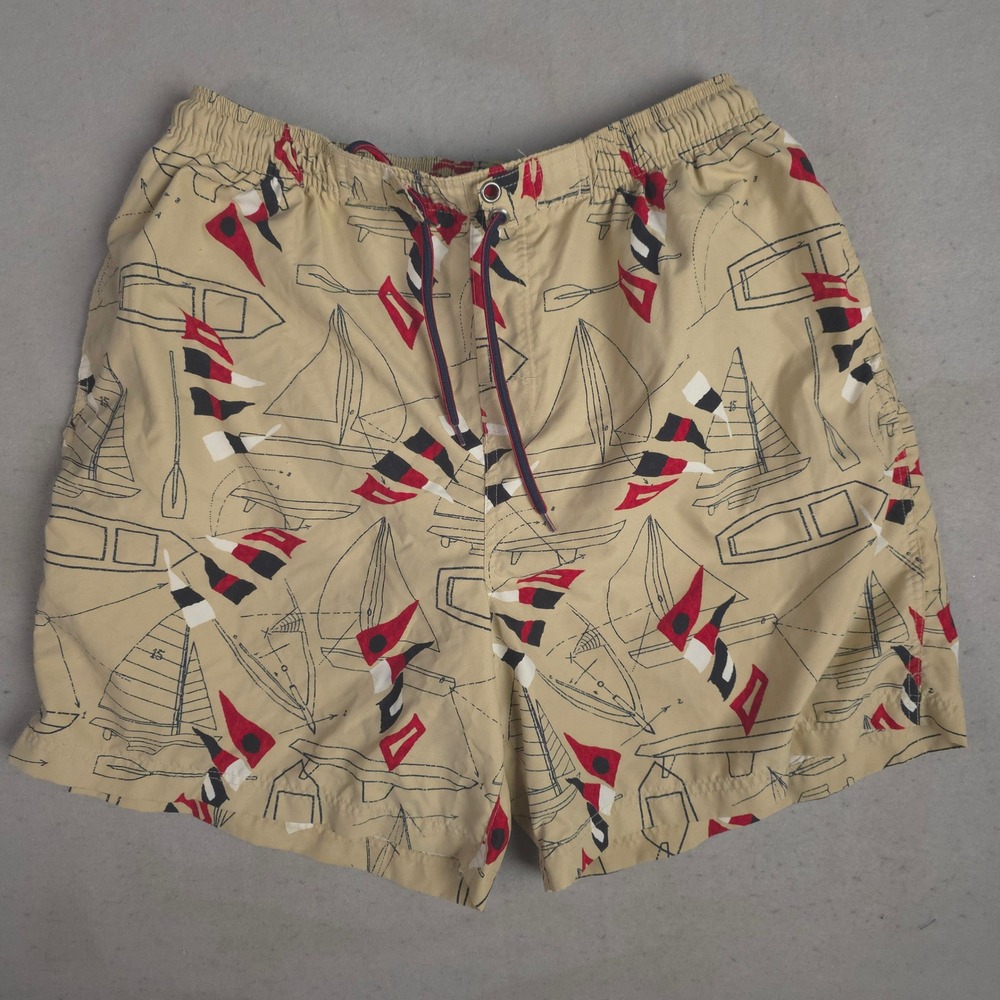 Mens Large Tan Sailing Nautical‎ Print Swim Trunks Shorts Lined Elastic Waist
